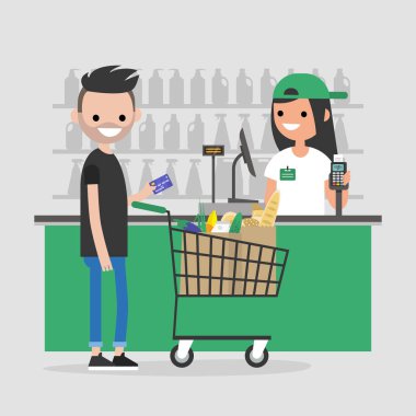 Süpermarket kayıt sayacı. Kasiyer. Bakkal. Bir istemci bir kredi kartı ile ödeme yapma. Günlük yaşam. Düz düzenlenebilir vektör çizim, küçük resim