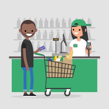 Süpermarket kayıt sayacı. Kasiyer. Bakkal. Bir istemci bir kredi kartı ile ödeme yapma. Günlük yaşam. Düz düzenlenebilir vektör çizim, küçük resim