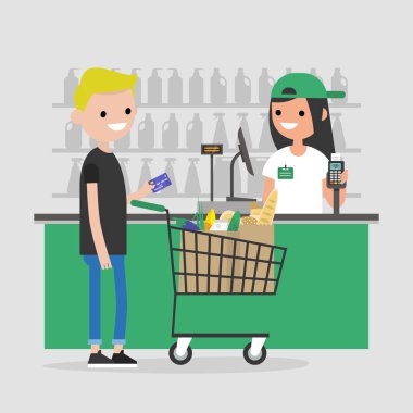 Süpermarket kayıt sayacı. Kasiyer. Bakkal. Bir istemci bir kredi kartı ile ödeme yapma. Günlük yaşam. Düz düzenlenebilir vektör çizim, küçük resim