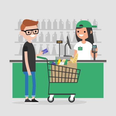 Süpermarket kayıt sayacı. Kasiyer. Bakkal. Bir istemci bir kredi kartı ile ödeme yapma. Günlük yaşam. Düz düzenlenebilir vektör çizim, küçük resim