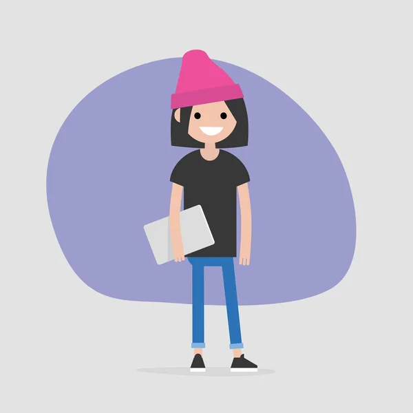 Joven Personaje Femenino Caucásico Sosteniendo Portátil Oficinista Moderno Millennial Estilo — Vector de stock