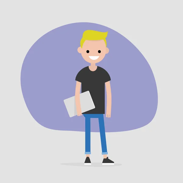 Joven Personaje Masculino Sosteniendo Portátil Oficinista Moderno Millennial Estilo Vida — Vector de stock