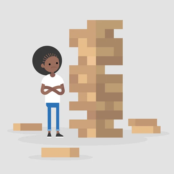 年轻的黑人女性角色轮流从木砖建造的塔上移除方块 战略思维 平面可编辑矢量插图 剪贴画 — 图库矢量图片