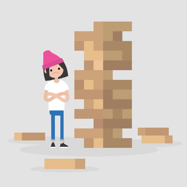 Joven Personaje Femenino Vez Quitando Bloque Una Torre Construida Ladrillos — Vector de stock