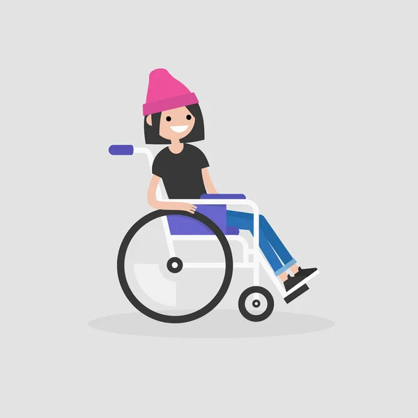 Junge Behinderte Weibliche Figur Rollstuhl Behinderung Alltag Flache Editierbare Vektorillustration — Stockvektor