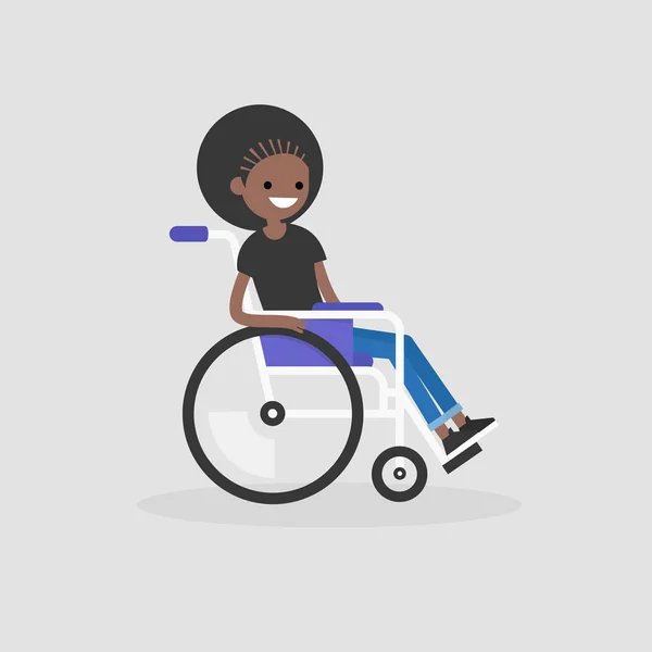 年轻的残疾黑人女性角色坐在轮椅上 日常生活 平面可编辑矢量插图 剪贴画 — 图库矢量图片