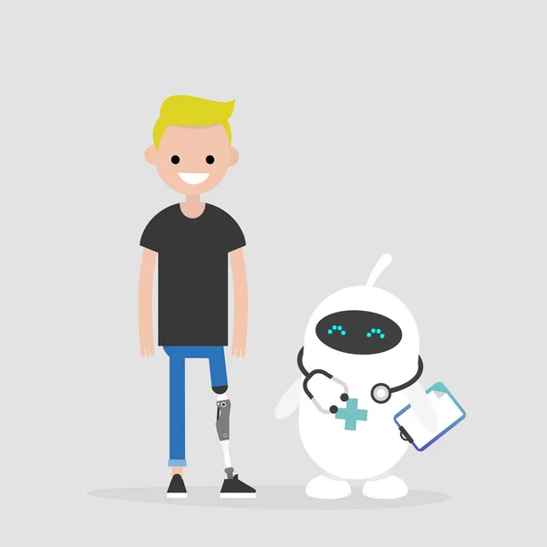 现代医疗保健 新技术 年轻的男性残疾的性格与假肢下肢 生活方式 可爱的白色医生机器人 — 图库矢量图片