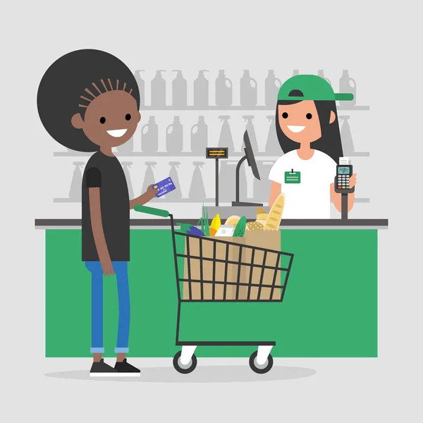 Contador Registro Supermercado Cajero Una Tienda Comestibles Cliente Haciendo Pago — Vector de stock