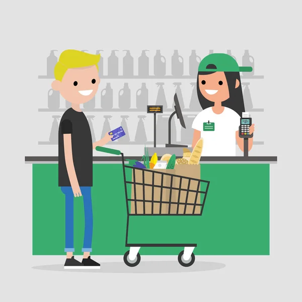 超市收银柜台 杂货店 使用信用卡付款的客户 日常生活 平面可编辑矢量插图 剪贴画 — 图库矢量图片