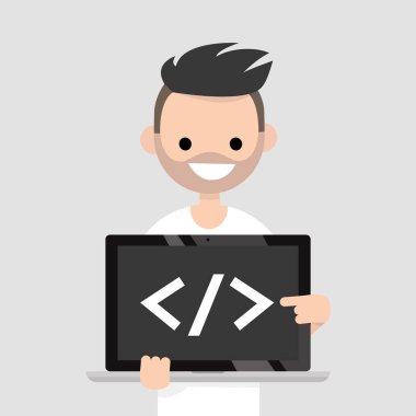 Genç programcı üzerinde kapanış işaret ayraç etiket üstünde a laptop perde / düzenlenebilir düz vektör resim, küçük resim