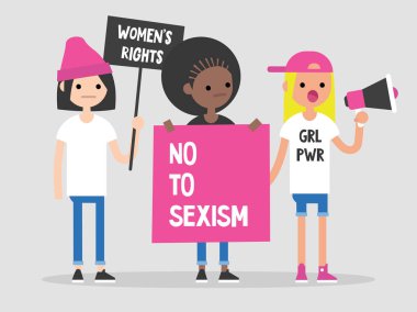 Kadın haklı. Kavramsal çizimi. Feminist gösteri. Bir grup genç kadını kendi hakları için mücadele / daire düzenlenebilir vektör resim, küçük resim