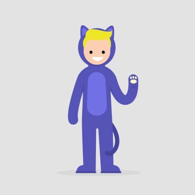 Kedi kostüm giyen genç karakter. Komik cosplay kıyafeti. FLA