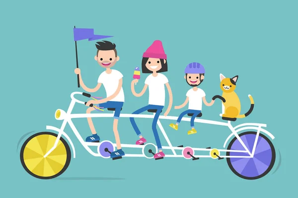 若い家族 人乗りでタンデム自転車に乗る 家族での休暇 一緒に 明るいベクトル図 クリップアート — ストックベクタ