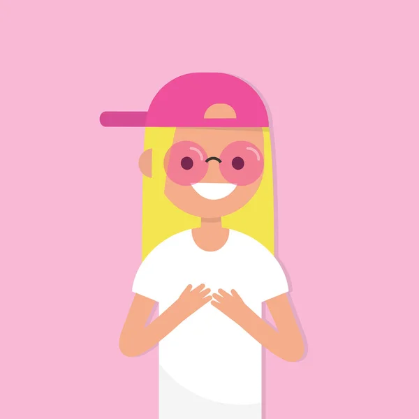 看着粉红色的眼镜 概念图 穿着粉红色太阳镜的年轻女性人物 平面可编辑矢量插图 剪贴画 — 图库矢量图片