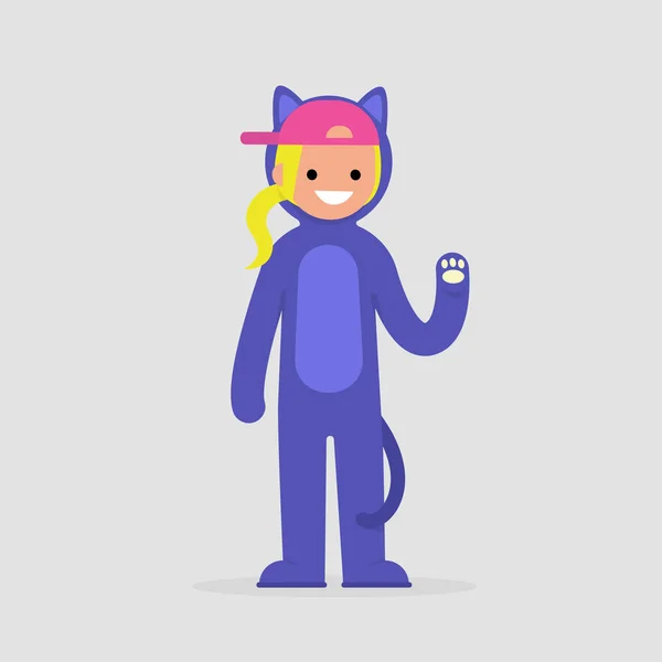 Ung kvinnlig karaktär bär en katt kostym. Rolig cosplay outf — Stock vektor