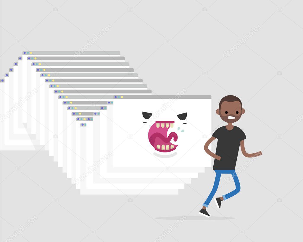 Internet monster. Hacker attack. Huge worm made of a cascade of browser windows chasing a character / flat editable vector illustration, clip art