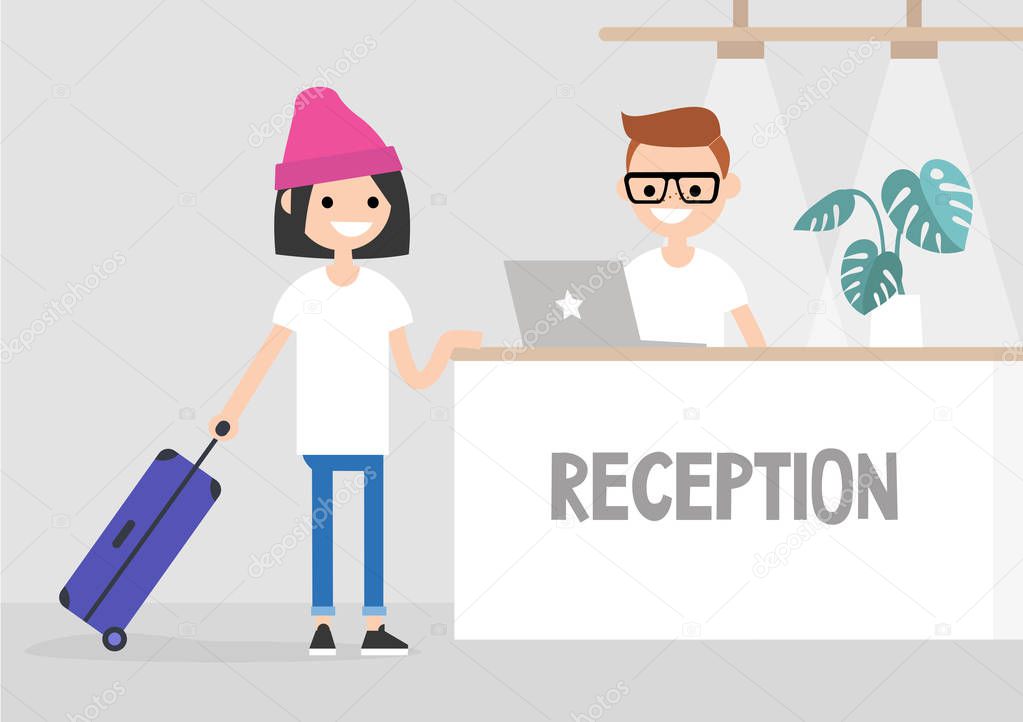Check-in on a lobby counter in a hotel. Travel situation. Vacation. Flat editable vector illustration, clip art