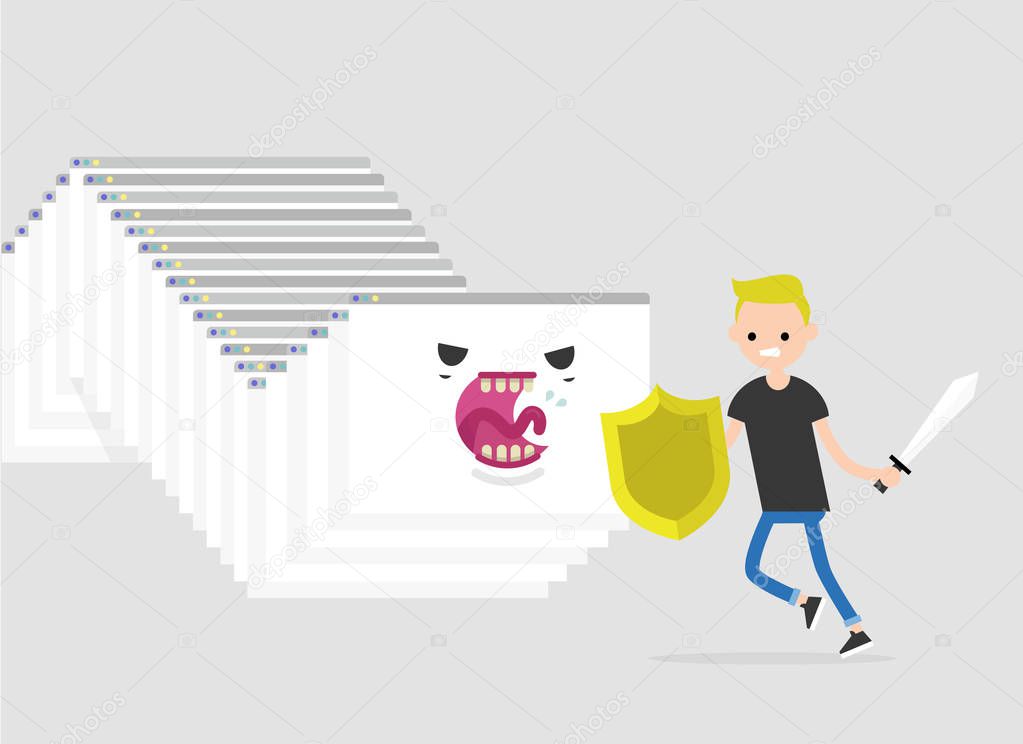 Internet monster. Hacker attack. Huge worm made of a cascade of browser windows attacking a character. Human vs computer / flat editable vector illustration, clip art