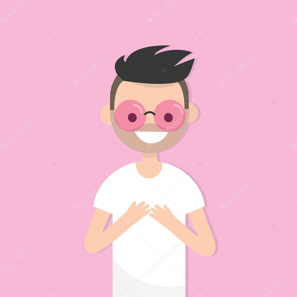 Looking through pink coloured glasses. Conceptual illustration. Young character wearing pink sunglasses. Flat editable vector illustration, clip art
