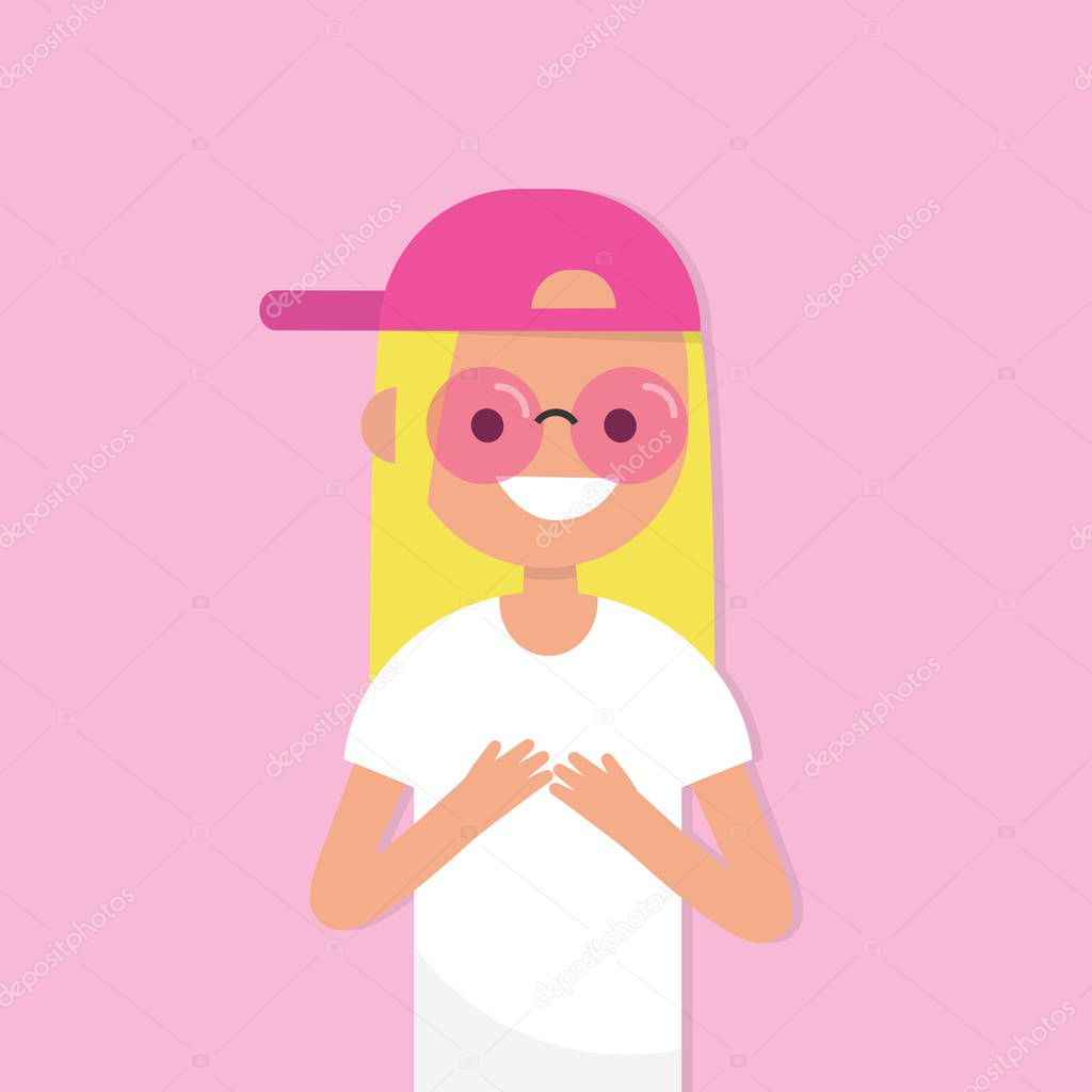 Looking through pink coloured glasses. Conceptual illustration. Young female character wearing pink sunglasses. Flat editable vector illustration, clip art