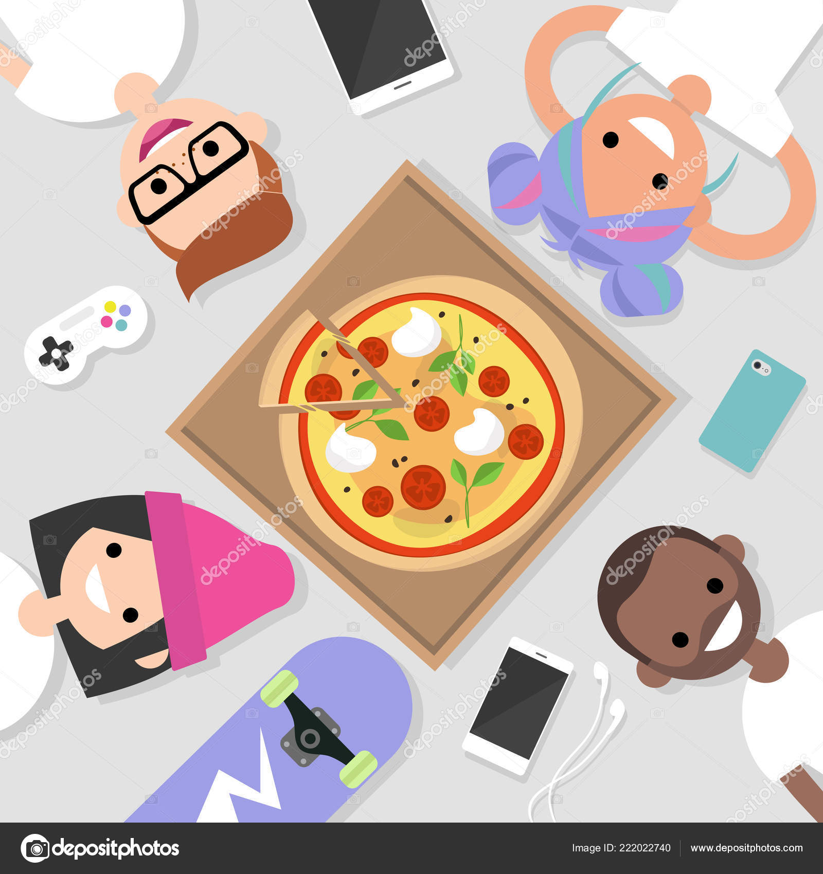 바닥에 피자를 Millennials의 그룹의 있습니다 생활양식입니다 세대부터 가능한 일러스트 스톡 벡터 - ©nadiabormotova  222022740, image size:1600x1700
