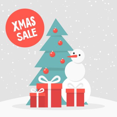 Xmas Satılık. Kış indirimler. Mevsimlik özel teklif. Karlı ormanı. Kardan adam, yılbaşı ağacı ve hediye kutuları. Düz düzenlenebilir vektör çizim, küçük resim