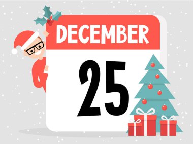 25 Aralık. Noel. Genç karakter giyen Noel Baba şapkası ve dekore edilmiş takvim arkasından gözatma out. Düz düzenlenebilir vektör çizim, küçük resim