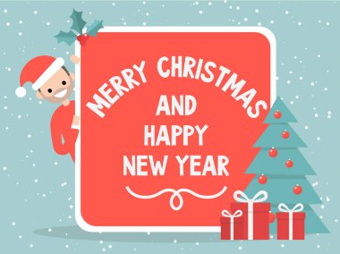 Mutlu Noeller ve mutlu yeni yıl. Vintage kartpostal. Noel dekorasyon. Genç kırmızı kart arkasından gözatma out karakter. Afiş. Ağaç ve hediye kutuları. Holly Karpuzu. Düz vektör, küçük resim