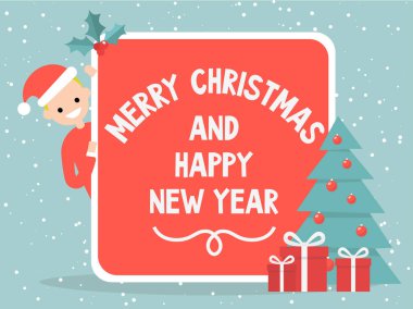 Mutlu Noeller ve mutlu yeni yıl. Vintage kartpostal. Noel dekorasyon. Genç kırmızı kart arkasından gözatma out karakter. Afiş. Ağaç ve hediye kutuları. Holly Karpuzu. Düz vektör, küçük resim