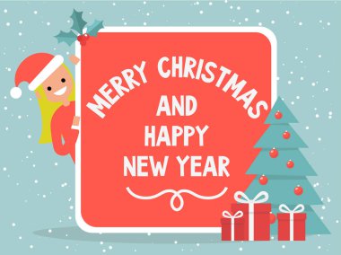 Mutlu Noeller ve mutlu yeni yıl. Vintage kartpostal. Noel dekorasyon. Genç kırmızı kart arkasından gözatma out karakter. Afiş. Ağaç ve hediye kutuları. Holly Karpuzu. Düz vektör, küçük resim