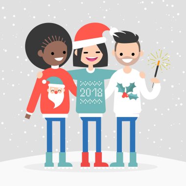 Bir grup çok ırklı arkadaşıyla kış tatilleri kutluyor. Yeni yıl ve Noel. Mevsimlik kutlama. Küçük resim, düz vektör.