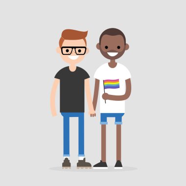 El ele tutuşarak Interracial gay çift. LGBT hakları. Aşk ve ilişkiler. Gökkuşağı bayrağı. Düz düzenlenebilir vektör çizim, küçük resim