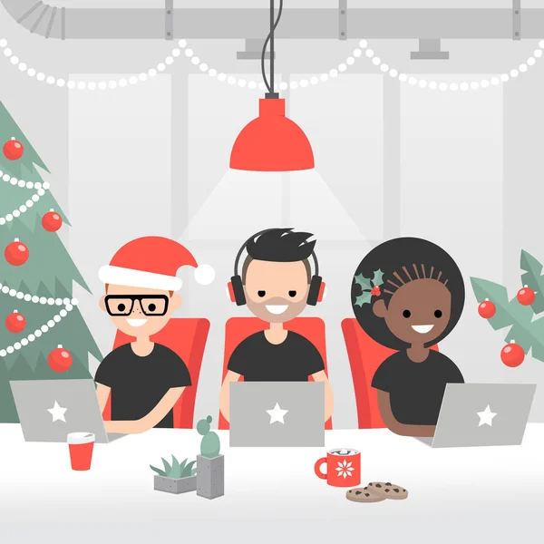 办公室里的圣诞节气氛 千禧年的员工在装饰开阔的空间工作 圣诞树 冬青浆果 热巧克力和饼干 冬季假期的象征 — 图库矢量图片