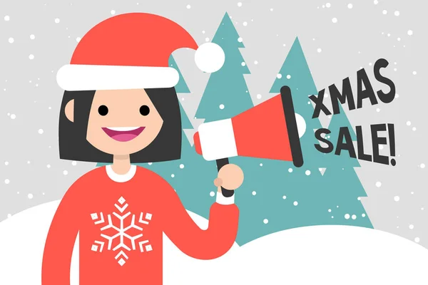 Venda Natal Oferta Especial Atividade Marketing Personagem Jovem Segurando Megafone —  Vetores de Stock