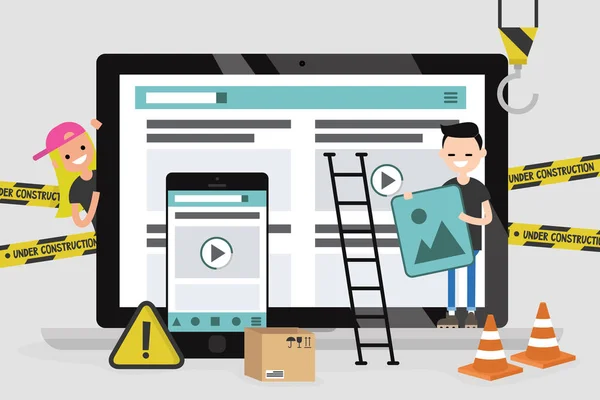Diseño Desarrollo Web Sitio Construcción Equipo Jóvenes Profesionales Trabajando Una — Archivo Imágenes Vectoriales