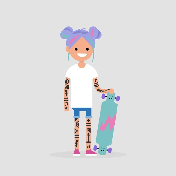 Junges Süßes Mädchen Mit Pastellfarbener Frisur Tätowierung Und Skateboard Jugendkultur — Stockvektor