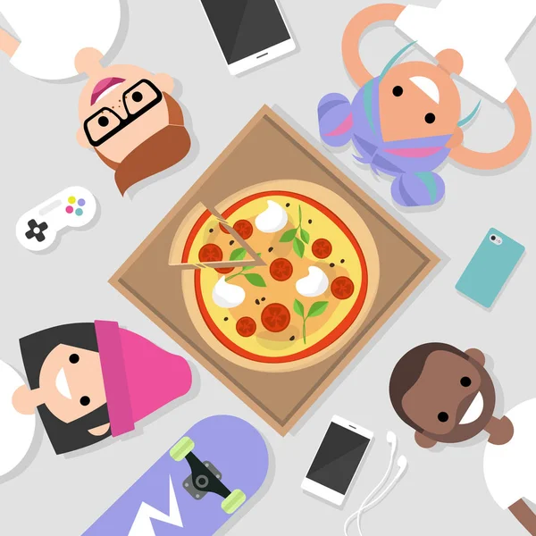 Vista Superior Del Grupo Millennials Acostados Suelo Comiendo Pizza Estilo — Vector de stock