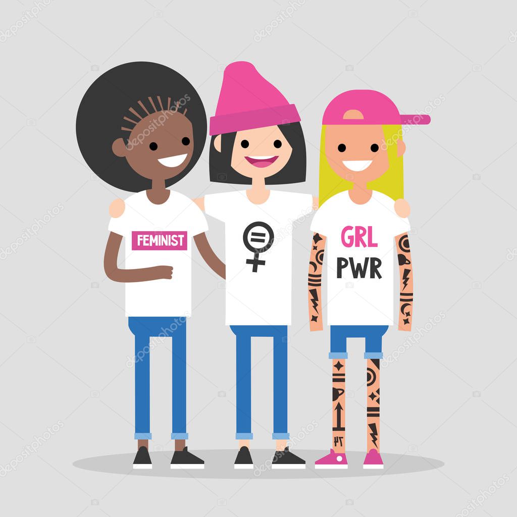 Female friendship. Girl power. Three cute girls hugging and smiling. Feminist movement. Having fun together. Flat editable vector illustration, clip art
