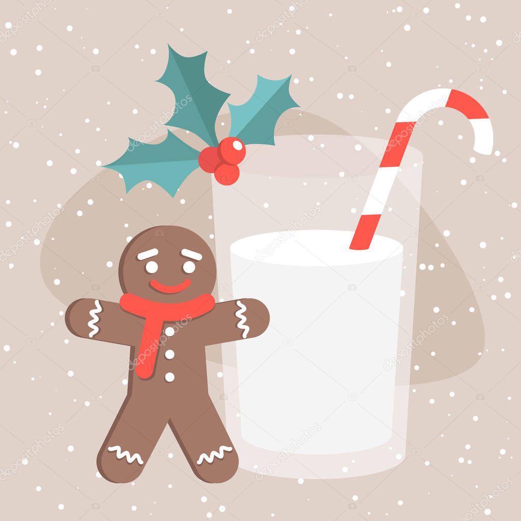 Christmas still life: a gingerbread man and a glass of milk with a candy cane / flat editable vector illustration, clip art