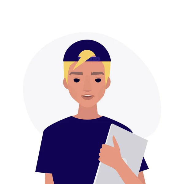 Retrato Jovem Personagem Milenar Homem Caucasiano Loiro Segurando Laptop Ilustração — Vetor de Stock