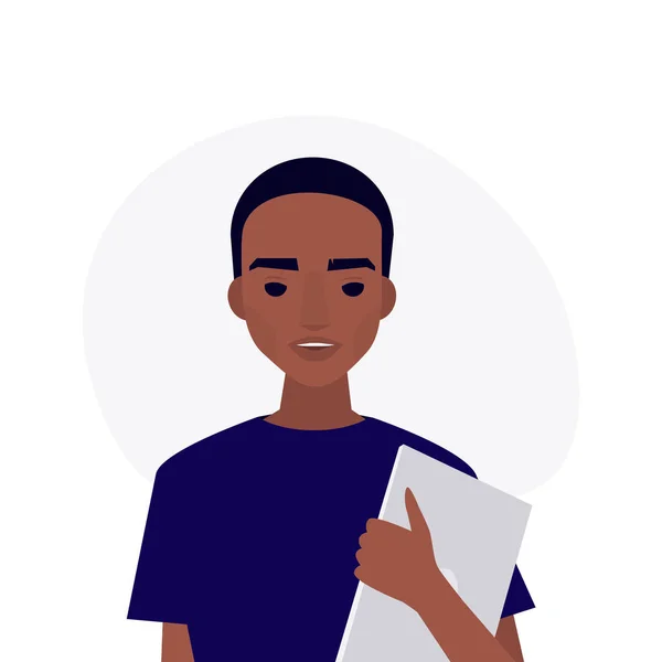 Portret Młodego Tysiącletniego Znaku Afryki Amerykański Chłopiec Trzyma Laptopa Ilustracja — Wektor stockowy