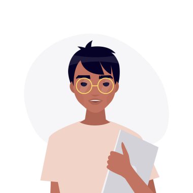 Genç bin yıllık karakter portresi. Bir dizüstü bilgisayar tutan Hintli çocuk. Düz düzenlenebilir vektör çizim, küçük resim