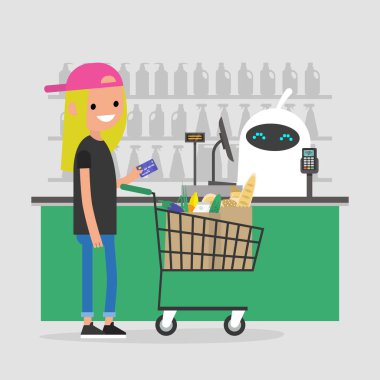 Yapay akıllı. Otomatik ödeme sistemi. Bir süpermarkette yazar kasa, robot. Fütüristik teknolojileri. Makine öğrenimi.