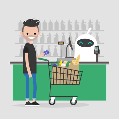 Yapay akıllı. Otomatik ödeme sistemi. Bir süpermarkette yazar kasa, robot. Fütüristik teknolojileri. Makine öğrenimi.