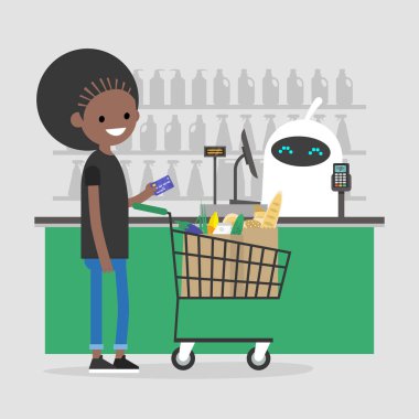 Yapay akıllı. Otomatik ödeme sistemi. Bir süpermarkette yazar kasa, robot. Fütüristik teknolojileri. Makine öğrenimi.