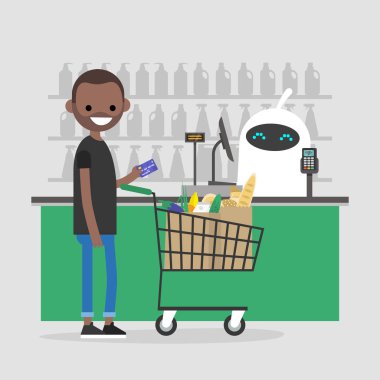 Yapay akıllı. Otomatik ödeme sistemi. Bir süpermarkette yazar kasa, robot. Fütüristik teknolojileri. Makine öğrenimi.