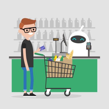 Yapay akıllı. Otomatik ödeme sistemi. Bir süpermarkette yazar kasa, robot. Fütüristik teknolojileri. Makine öğrenimi.