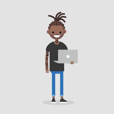 Genç Afro-Amerikan dövmeli karakteri ile bir dizüstü bilgisayar tutan örgüler. Bir yaşam tarzı. Dreadlocks. Moda. Düz düzenlenebilir vektör çizim, küçük resim