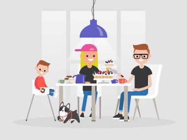 Yemek masada oturan genç aile. Tatlılar ve çay. Günlük yaşam / düz düzenlenebilir vektör çizim, küçük resim