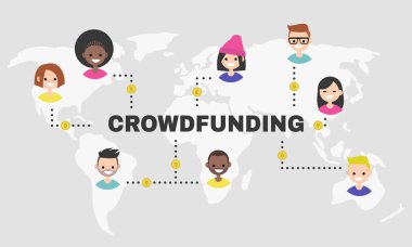 Crowdfunding platformu. Dünya Haritası. Bin yıllık destekçileri. Para. Finans. Düz düzenlenebilir vektör çizim, küçük resim